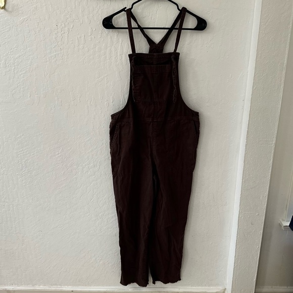 Aerie Work & Play Twill Brown Frayed Hem Ankle Jumpsuit Overalls XS - Picture 3 of 14